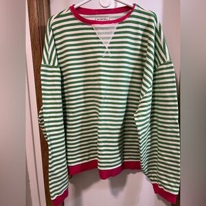 We the Free Green and White Striped Crewneck Sweatshirt with Pink Trim